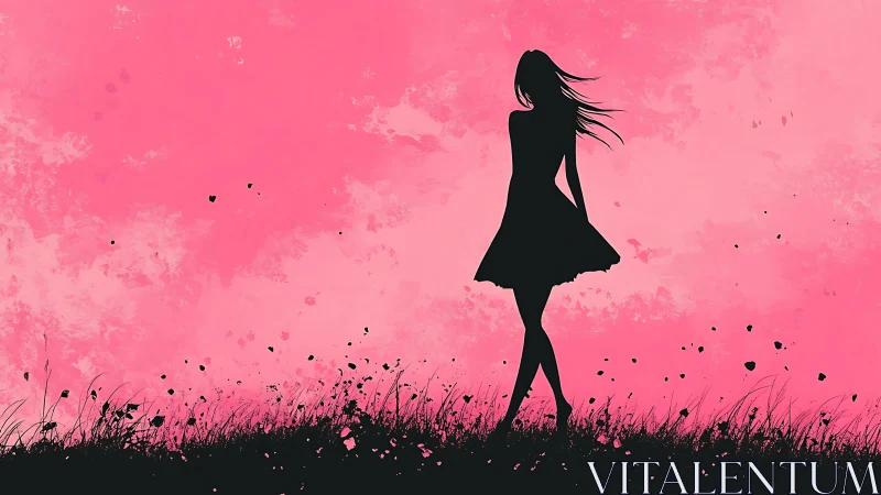 Silhouetted girl in wind against textured pink abstract sky