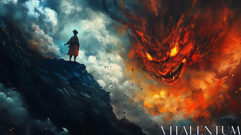 Lone warrior confronts colossal fiery demon in storm sky.