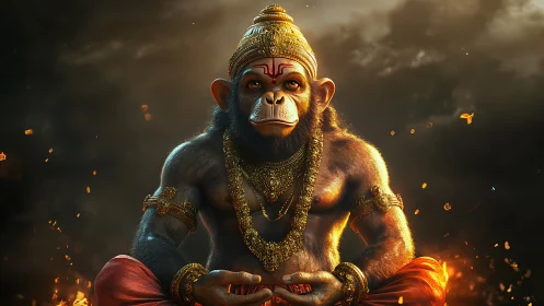 Mythic simian deity in fiery meditative posture, hyper-detailed.