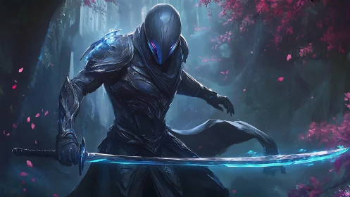 Cybernetic blade warrior stalks a neon forest at dusk.