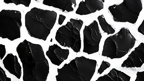 Fragmented black stone pattern on stark white field.