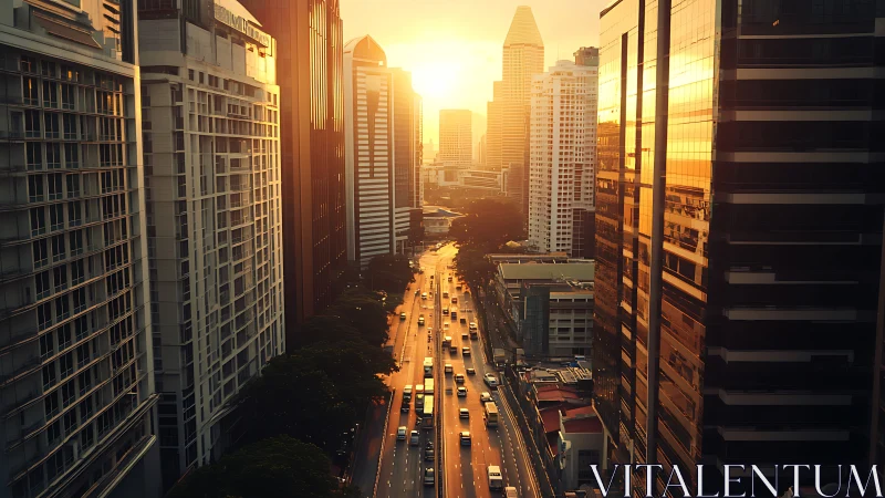 Urban highrise canyon with sunset traffic down center road.