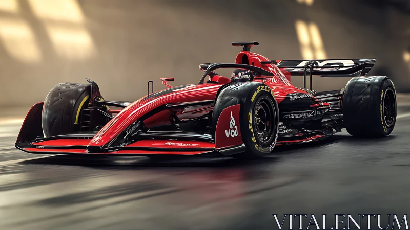 High-downforce red single-seater in dynamic tunnel lighting.