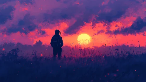 Digital painting of lone traveler against neon dusk horizon.