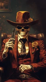 Dapper skeleton gunslinger sits armed in dim vintage study
