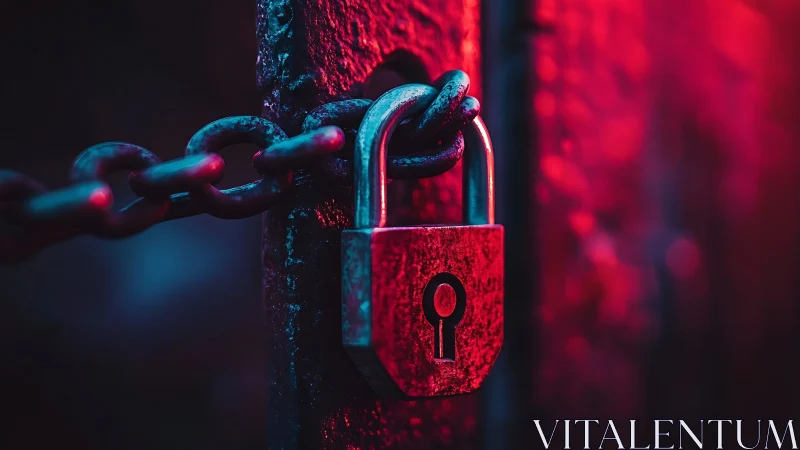 Neon-lit metal padlock and chain rendered in cyberpunk close-up
