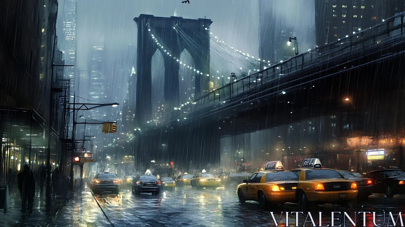 Yellow taxis stream under rainy bridge in neon city night