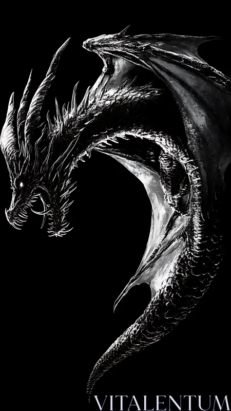 Monochrome dragon silhouette with razor spines coils inward.