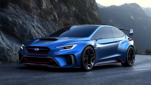 Subaru performance concept car glows against mountain backdrop.