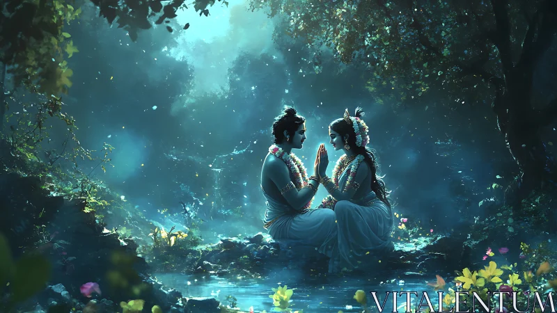 Divine lovers in moonlit forest beside glowing waterway.