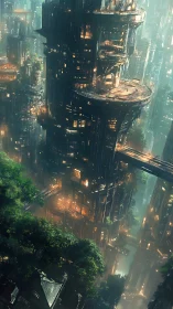 Vertical eco-city glows with skybridges and hanging gardens.