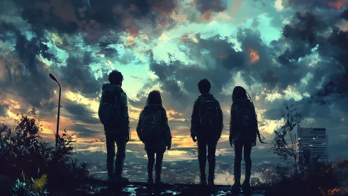 Four dusk-bound wanderers watch a storm-painted cityscape.