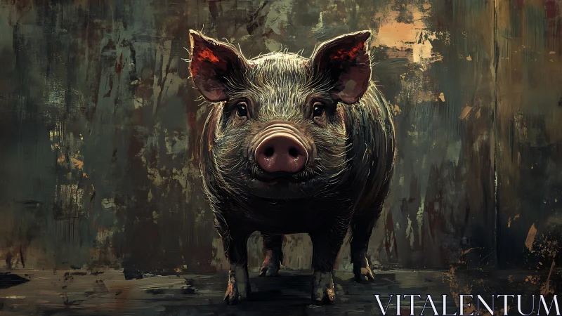 Textured digital portrait of standing pig in dim rustic interior