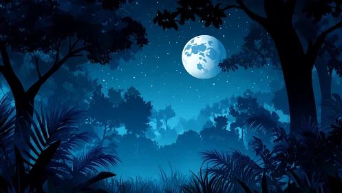 Moonlit Tropical Forest Landscape with Silhouetted Canopy