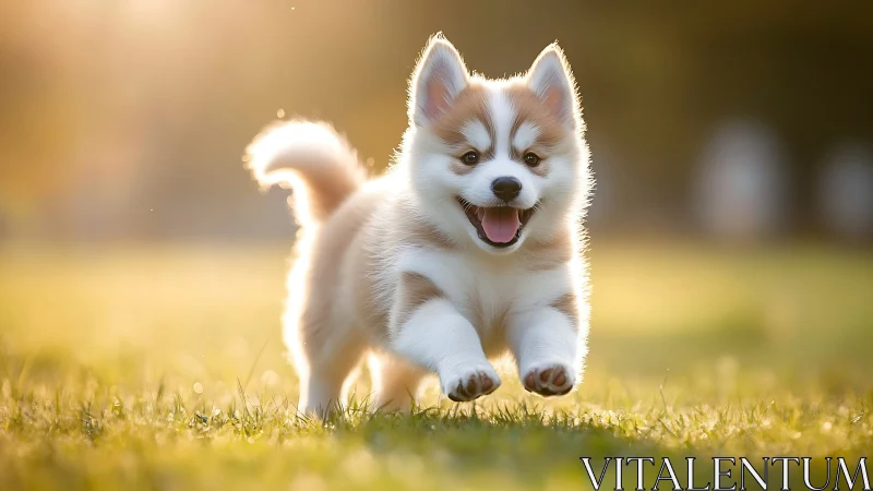 Joyful puppy races across a sunlit meadow in warm light.