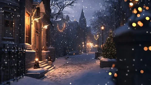Snowlit town street wrapped in warm festive window glow.