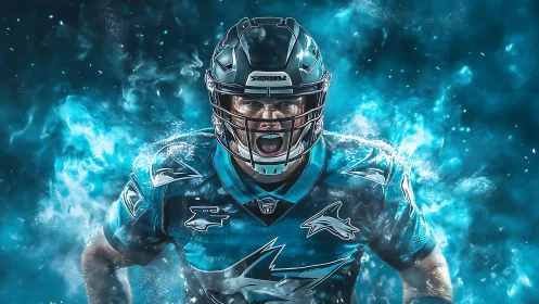Electric gridiron warrior roaring through teal stormfire.