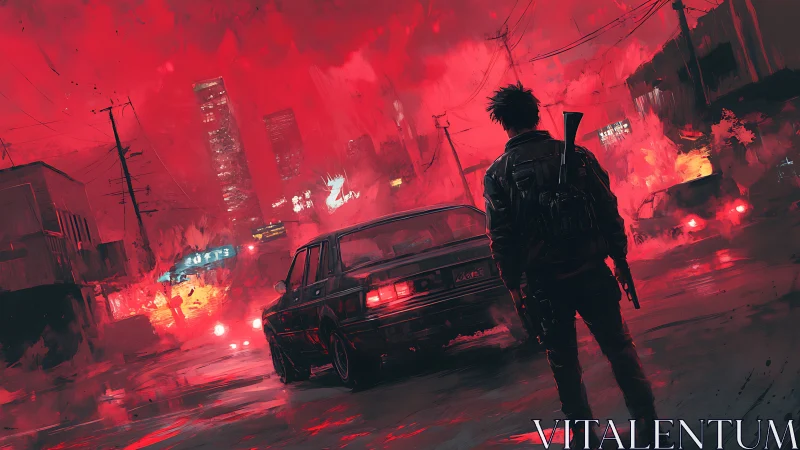 Lone gunman surveys burning neon city streets at dusk.