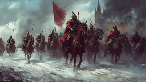 Crimson cavalry advances through burning snowbound fortress.
