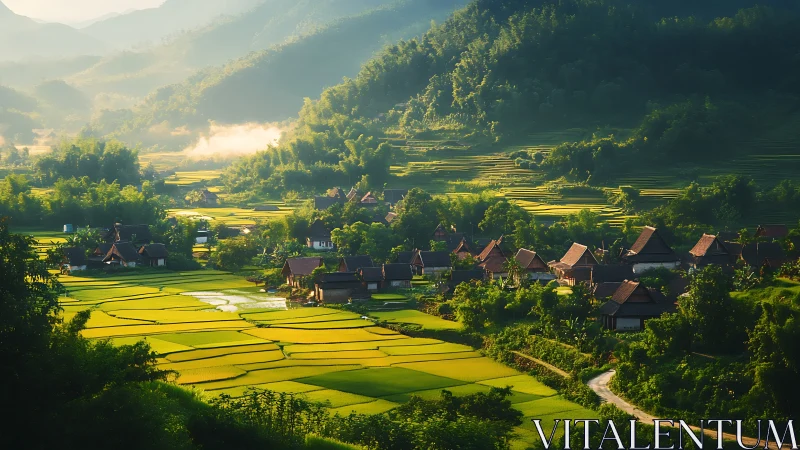 Rural valley settlement among stepped green rice fields.