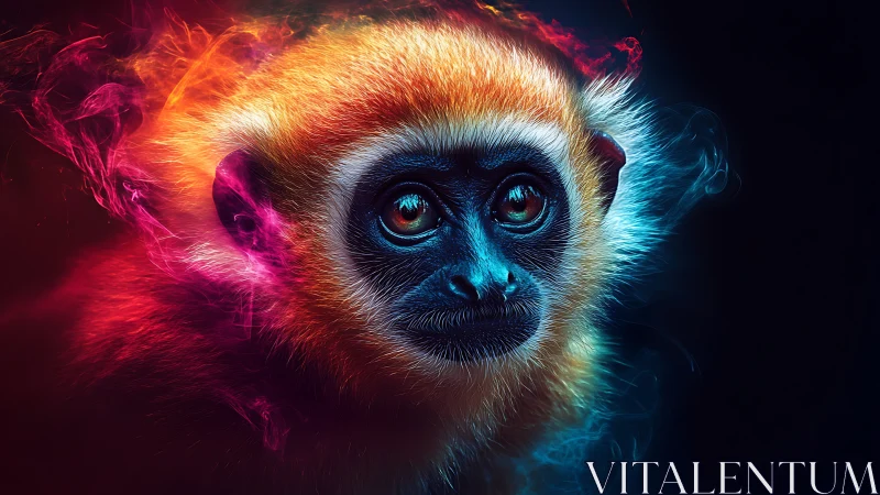 Neon-contrast primate portrait in dual-color rim lighting design.