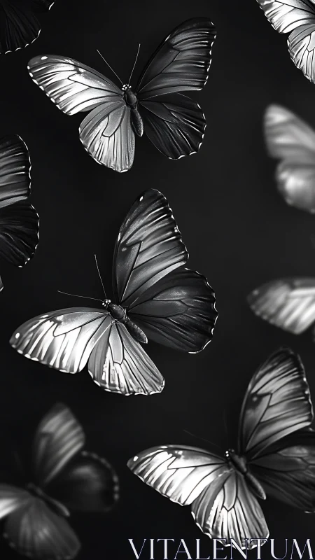 Silver nocturne of luminous butterflies in velvet shadow.