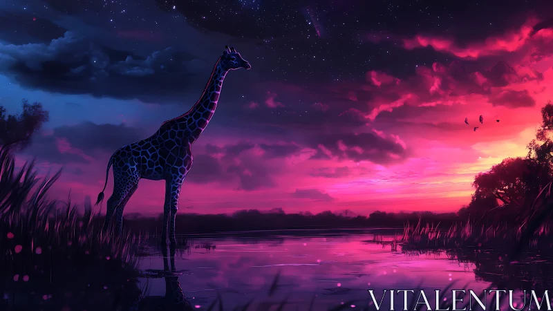 Giraffe silhouette under neon twilight sky at lakeside.