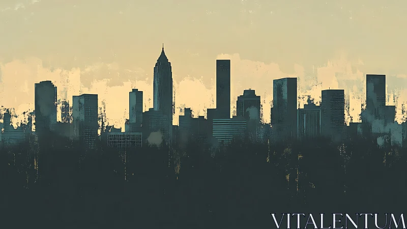 Urban skyline silhouette under muted golden dusk sky.