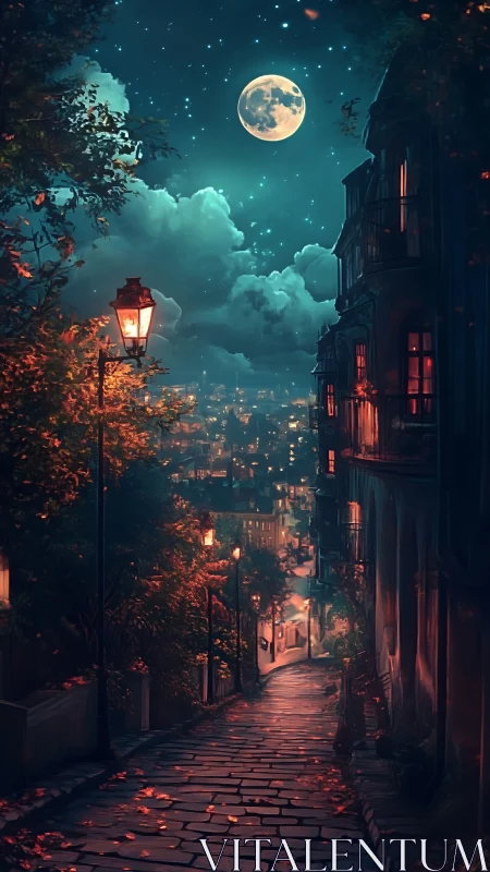 Cobblestone hillside street under full moon and city lights.