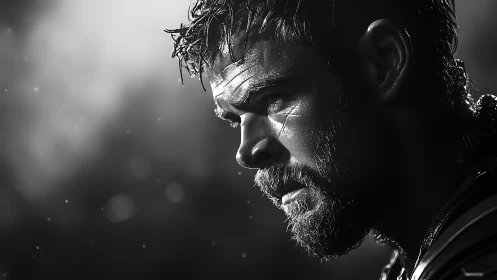 Brooding bearded man in dramatic black and white closeup.