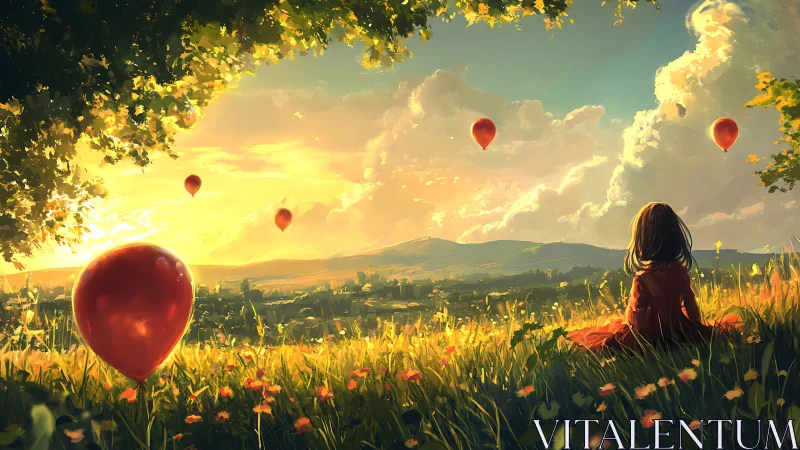 Golden hillside sunset welcomes a girl and drifting balloons