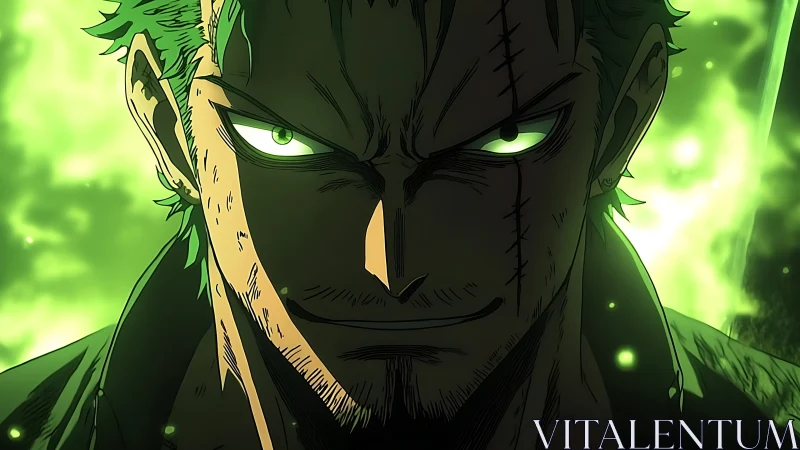 Intense green-eyed anime swordsman in glowing aura.