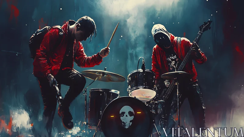 Cyberpunk street band pounds drums in neon-tinted storm