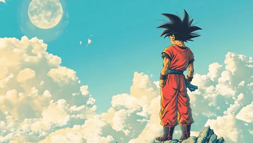 Young skyward hero pausing on a sunlit sea of clouds.