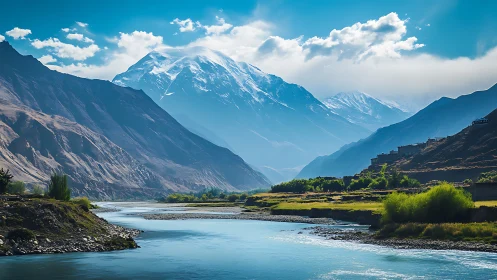 Snowcrowned titan watches over a winding sapphire river valley.