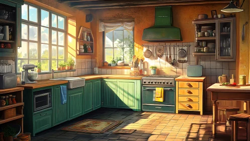 Sunlit rustic kitchen interior shows warm morning light