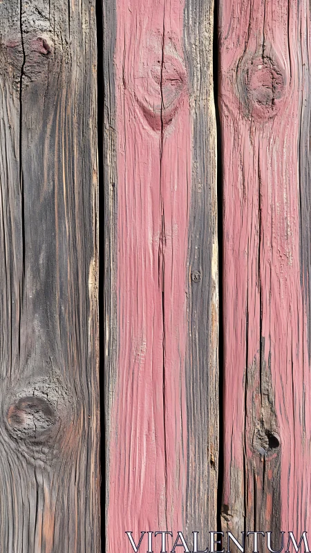 Weathered vertical planks display worn red paint and knot grain