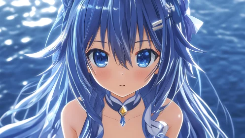 Blue haired anime girl gazes over shimmering ocean water