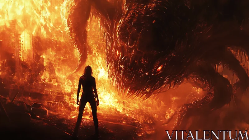 Human figure confronts colossal fiery monster in ruins.