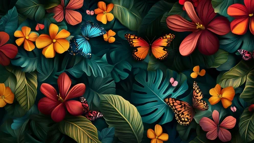 Digitally Rendered Tropical Botanical Composition With Layered Butterfly Populations And Polychromat