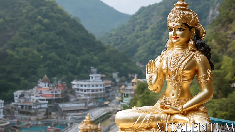Golden Hindu deity statue overlooks valley town and mountains