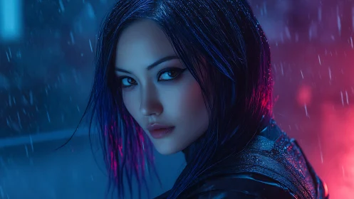 Focused woman in neon rain with intense side gaze.