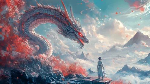 Dragon confronts lone figure on cliff above misty mountains