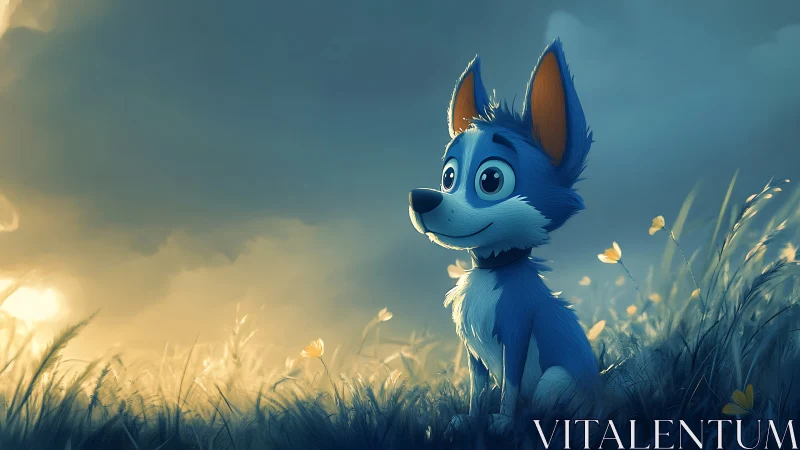 Blue cartoon puppy gazes at a glowing meadow sunset