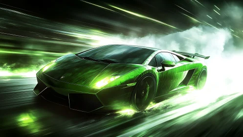 Electric green supercar racing through neon night streets.