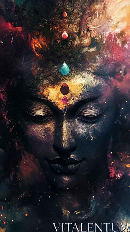 Stylized carved face with vertically aligned gemstones is shown