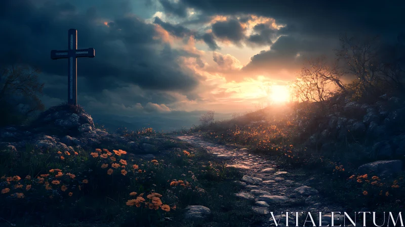 Sunlit hillside cross overlooks a rocky floral pathway at dusk.