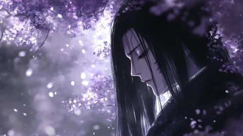 Softly lit anime figure finds quiet solace under blossoms