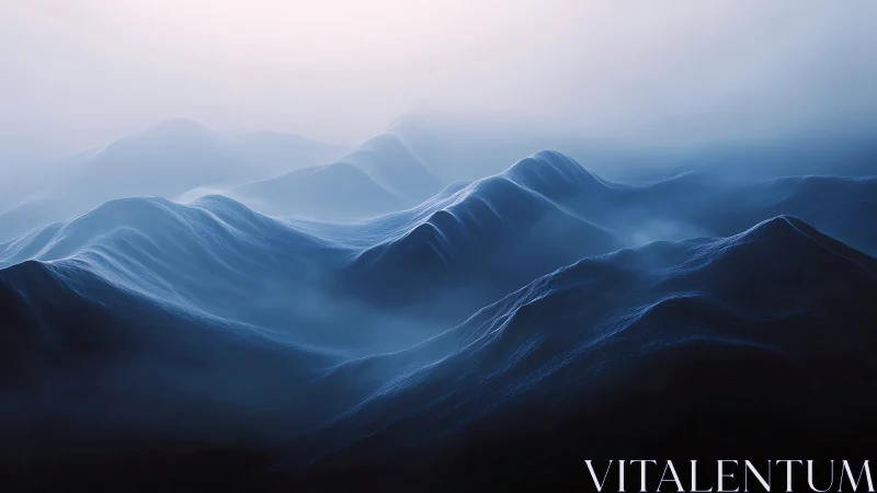 Ethereal blue mountain waves under atmospheric haze.