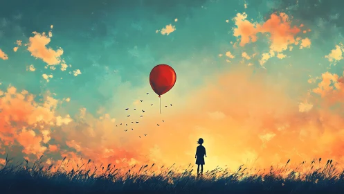 Solitary child beneath drifting red balloon at dusk.